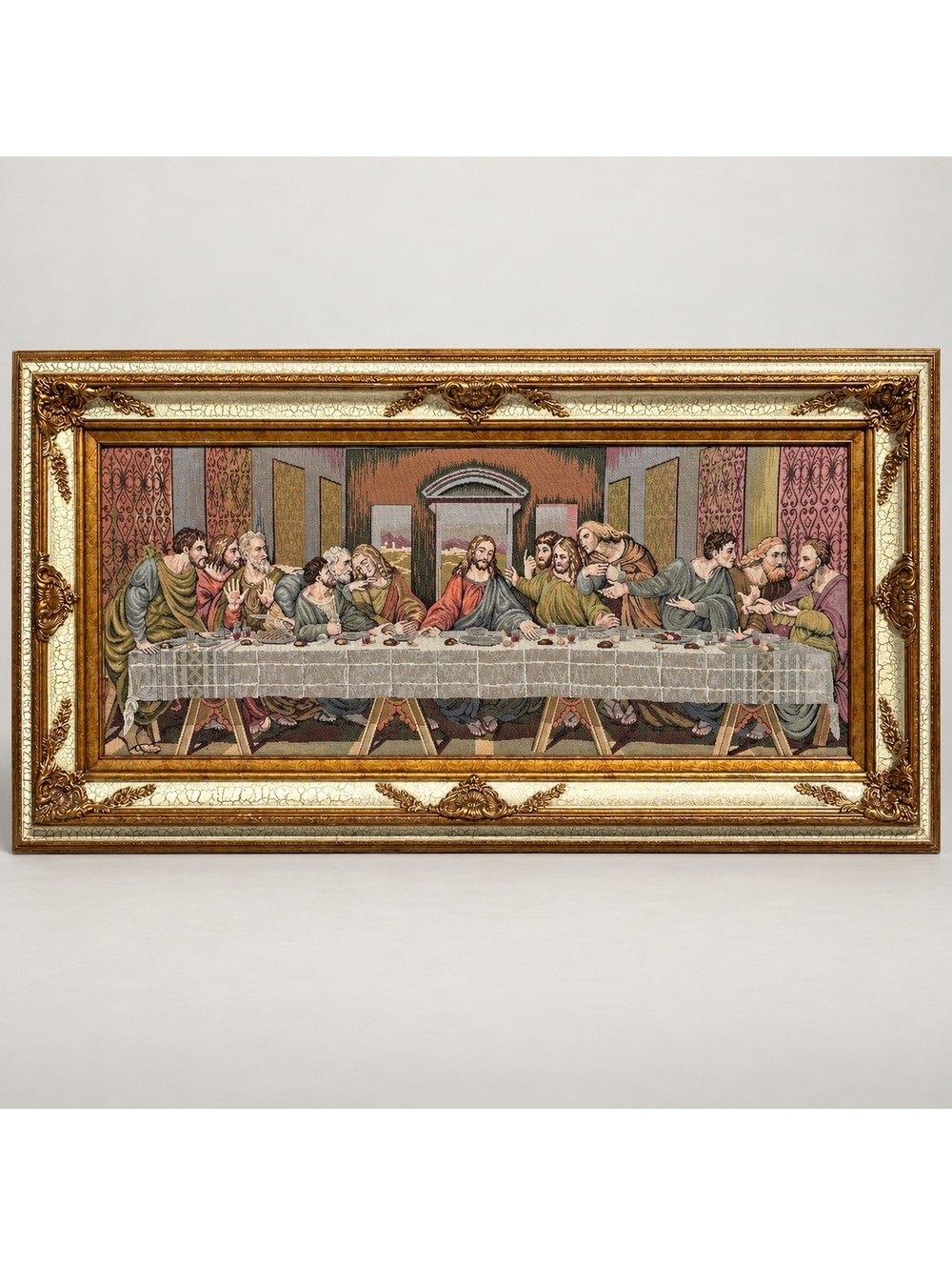 Made in Italy Last Supper Woven Tapestry Ornate Gold Frame 56x28